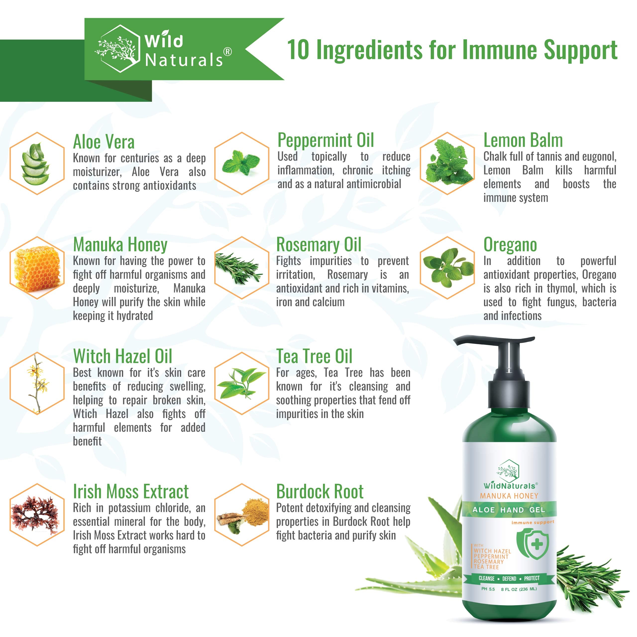 Wild Naturals Pure Aloe Vera Gel Hand Cleaner - 100% Aloe Vera Gel Organic with Manuka Honey, Witch Hazel, Peppermint, Oregano, Rosemary, & Cleansing Tea Tree - Organic Waterless Purifying Wash